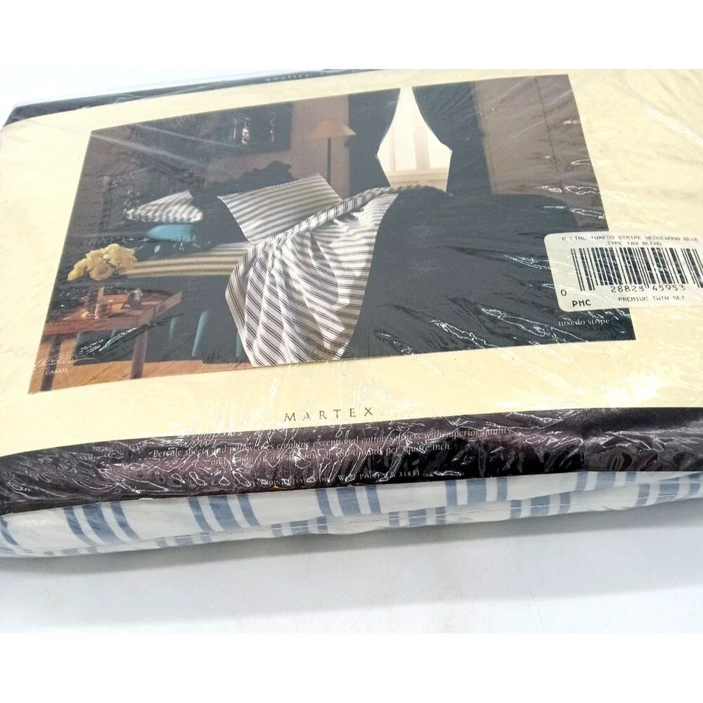 Vtg Martex Tuxedo Stripe Wedgewood Blue 180 Percale No Iron Twin Sheet Set NIP